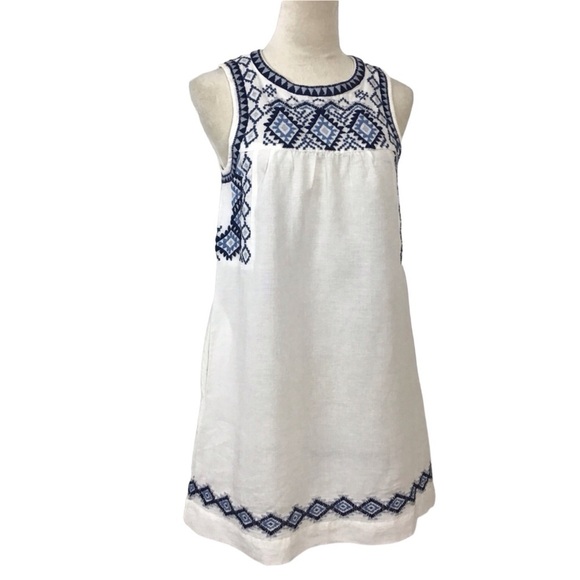 Lucky Brand Boho Blue Embroidered White Cotton Linen Blend Shift Dress Sz Small - Picture 7 of 12